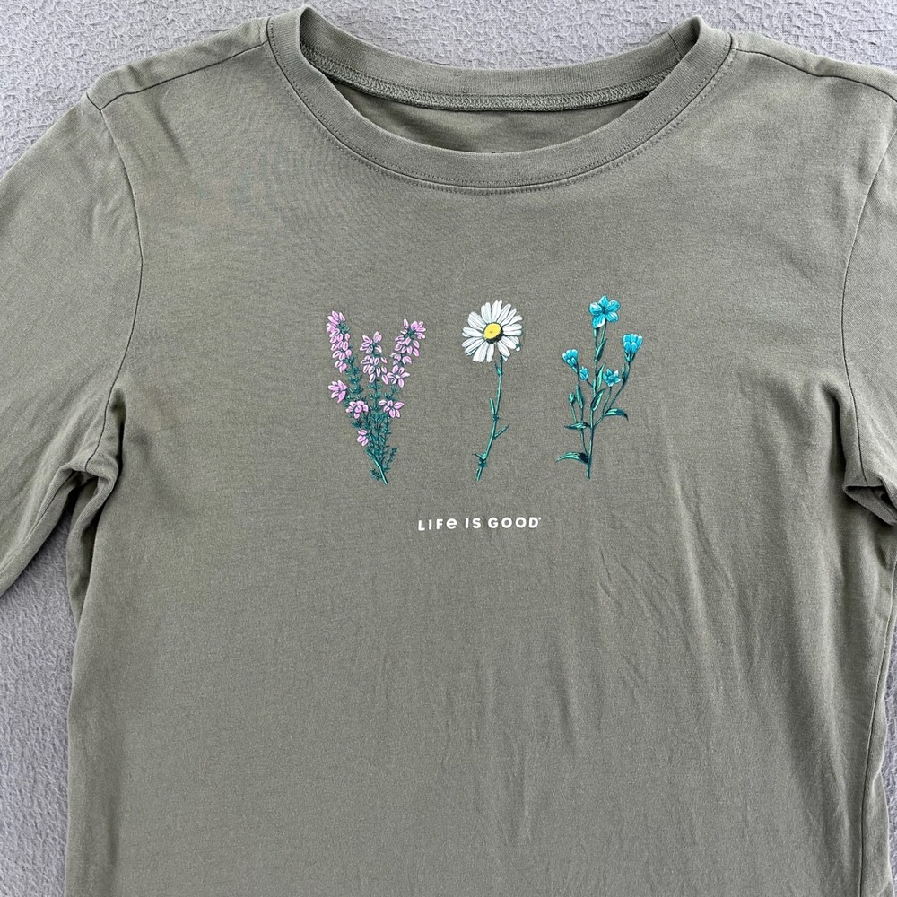 Life is Good Women Long Sleeve Tee Cotton Floral Olive Green S Nature Aesthetic